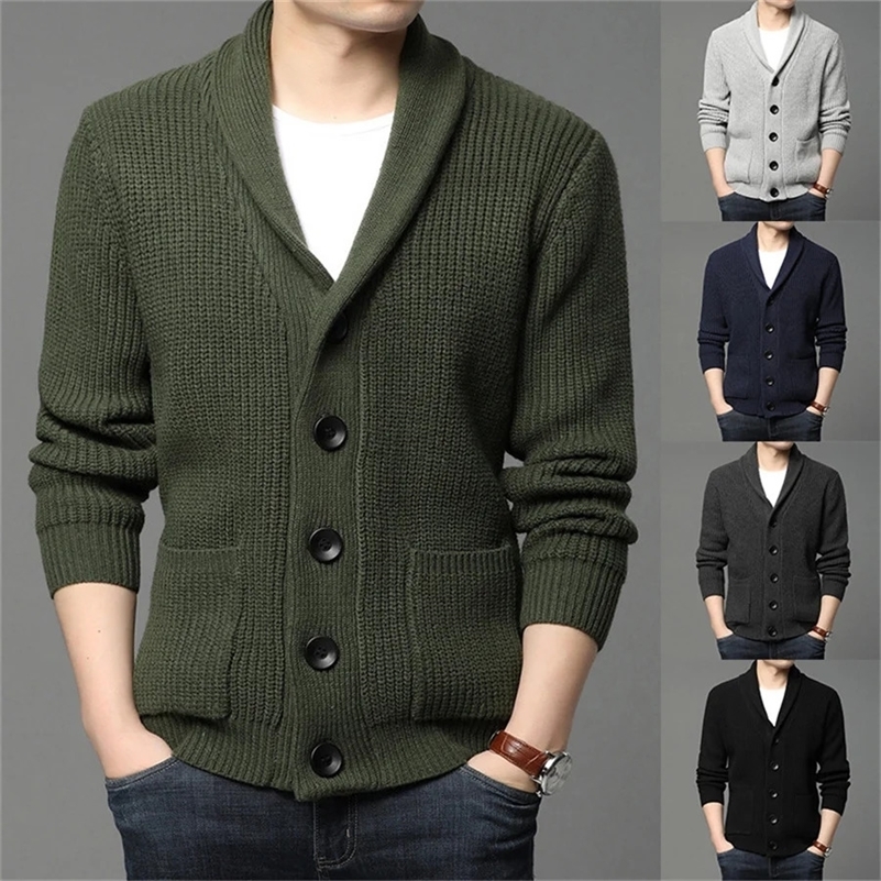 Army Green Cardigan Men Button-up Sweater Autumn Winter Knitted Coat Thick Warm Casual Solid Streetwear Men Fashion Clothing 240903