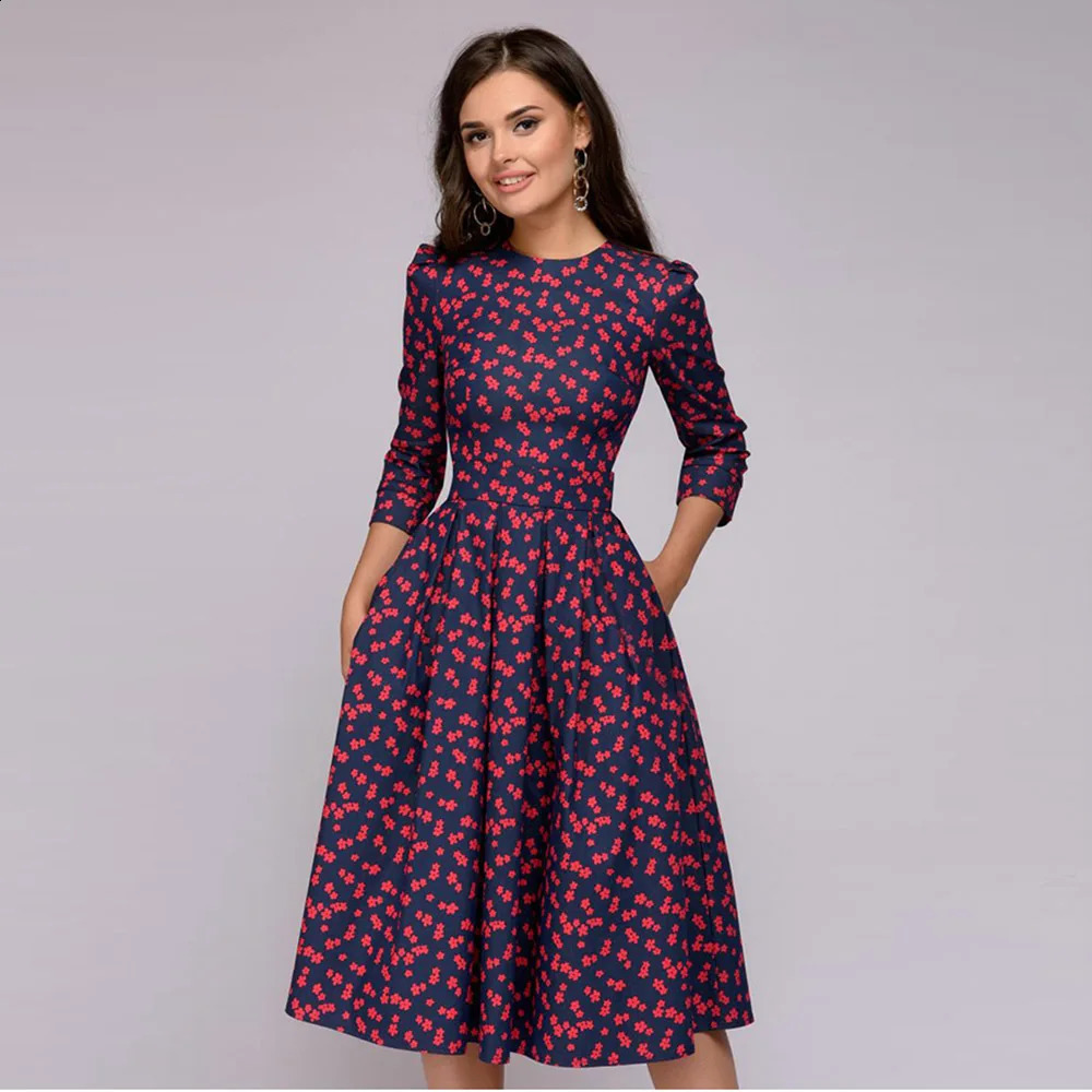 Autumn and winter mini floral womens party retro one-third sleeve round neck zipper A-line dress 240904