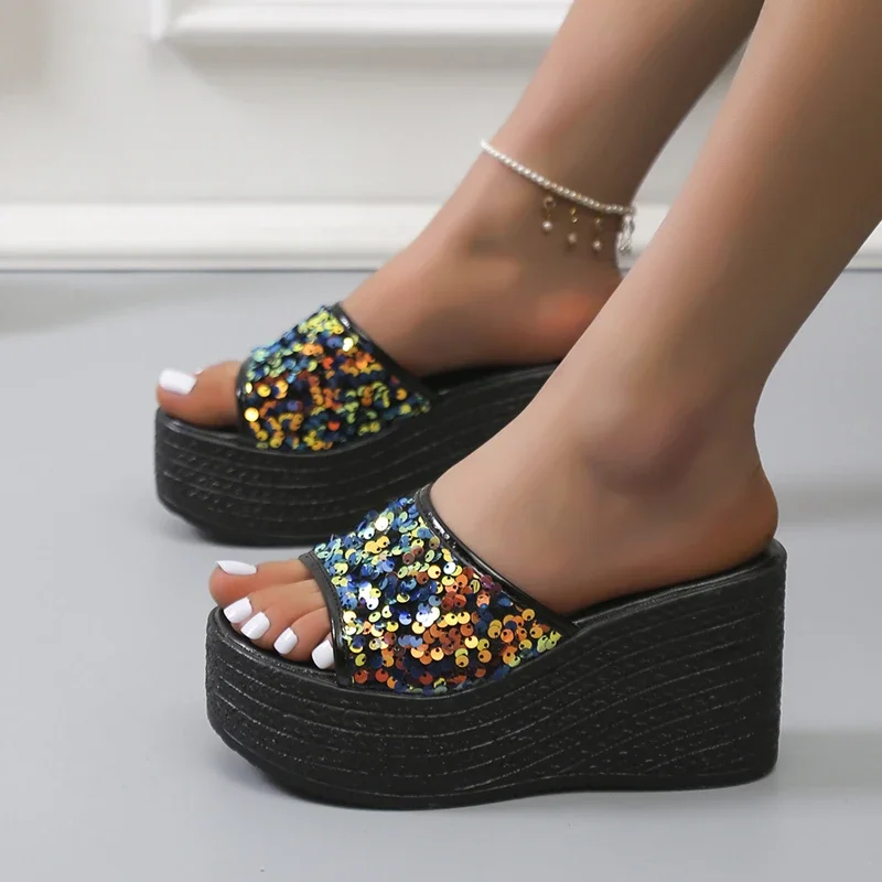 2025 Summer New Women's Slope Heel Sandals with Sparkg European and American Style Casual Comfort Black Sole Slid 395c