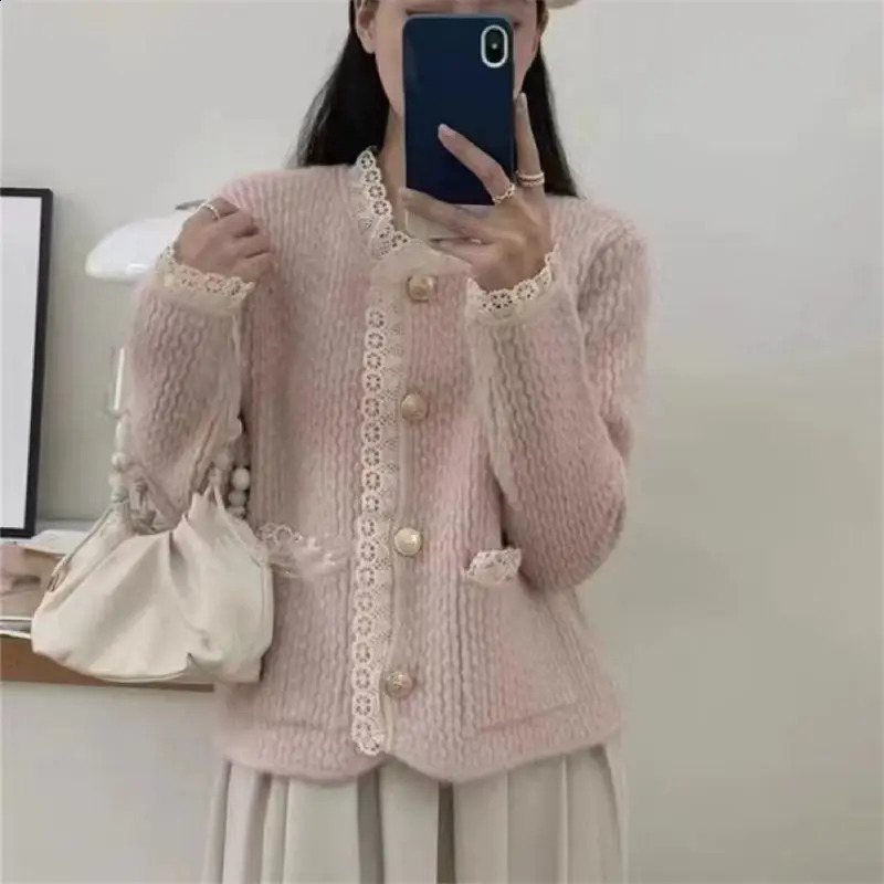 Pink Sweater Womens Sweet Lace Splice Knitwear Coat Korean Academy Style Small Fresh Super Immortal Cardigan 240904