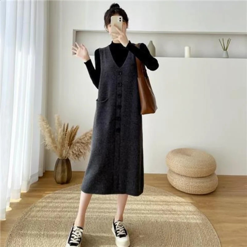 Mid length knitted vest skirt loose and Vneck sweater Spring Autumn Sweater Women Tank Top Dress Vest Female Tops 240904
