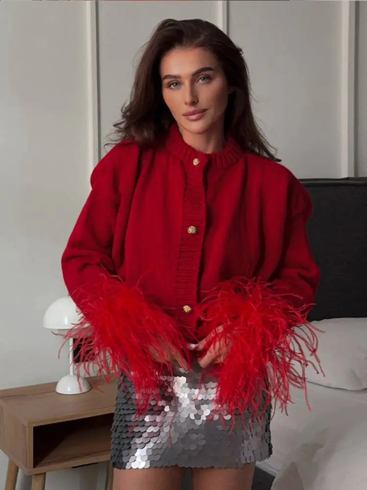 Fashion Feather Patchwork Long Sleeve Solid Sweater Women Elegant O Neck Single Breasted Cardigan 2024 Autumn Lady Warm Knitwear 240903