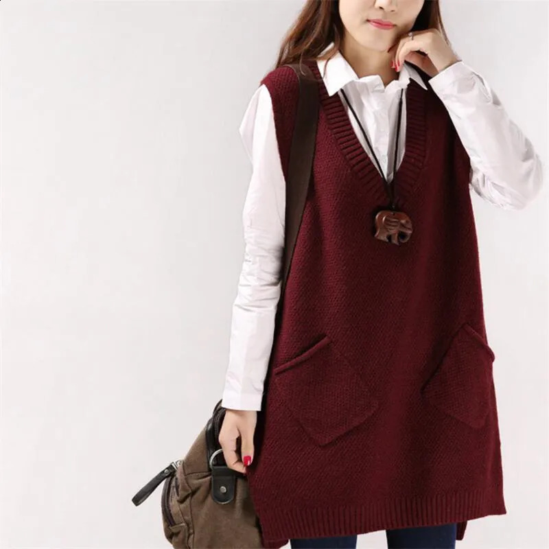 Women Sweater Spring Autumn Korean Womens Vneck Knit Long Ashaped Pocket Vest Pullover Sleeveless 240904
