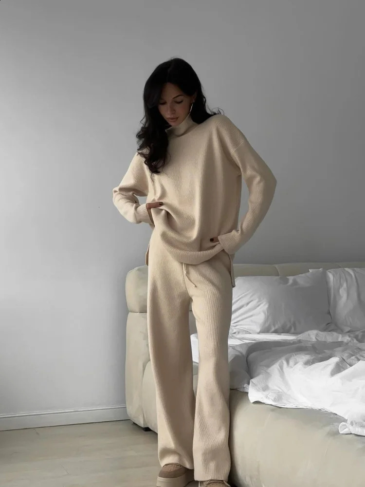 Women Casual High Neck Long Sleeves Knitted Top Suit Chic Solid Lace Up Loose Waist Pants Suits Autumn Winter 2 Piece Sets 240903