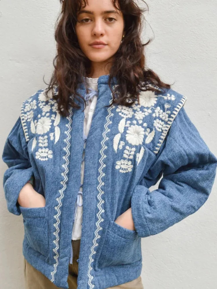 2024 Oneck Print Cotton Coat Fashion Long Sleeves With Pockets Warm Loose Jacket Autumn Winter Lady Street Outerwear 240903