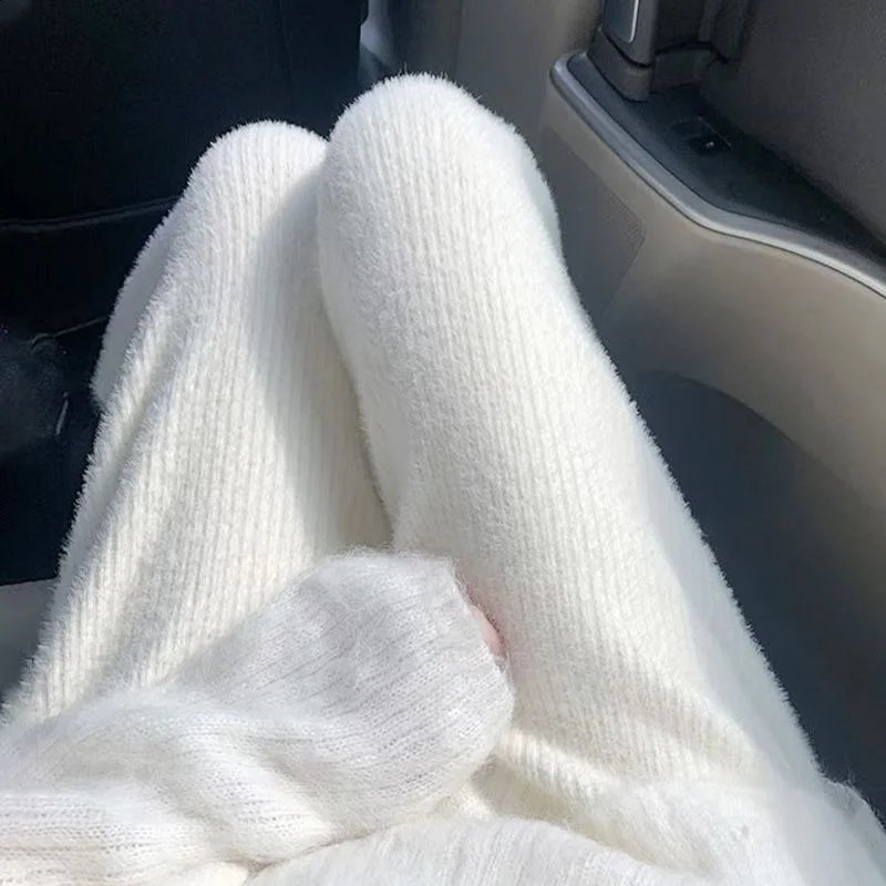 Knitted wide leg pants for women autumn and winter loose high waist fluffy casual straight mink wool female tops 240904