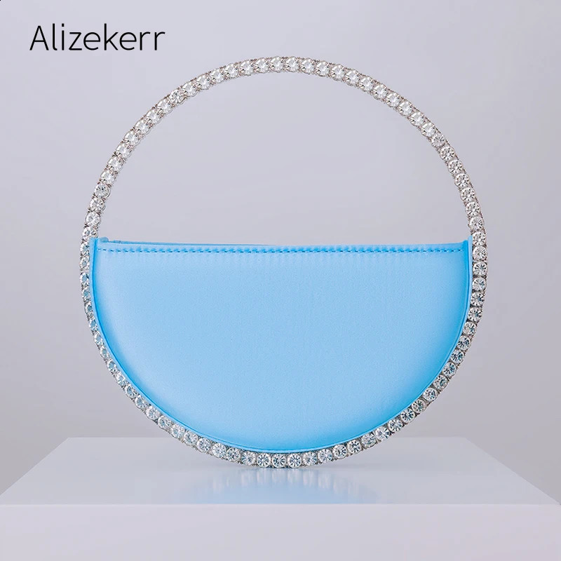 Circular Glittering Crystal Satin Evening Bags Women Metallic Handle Rhinestone Clutch Purses And Handbags Wedding Party 240903