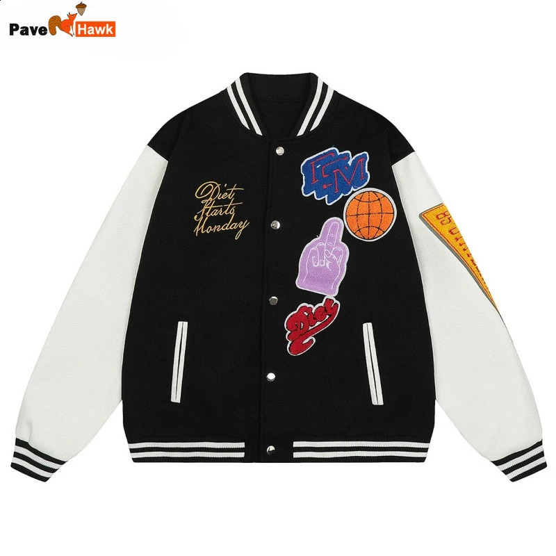Winter thick baseball jacket mens hiphop retro plush embroidery loose womens patch work bomber uniform 240904
