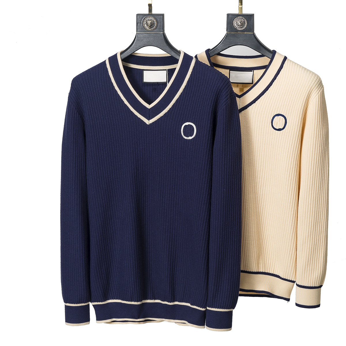 V-Neck Wool Sweaters Pullover Men Applique Jumper Fashion Winter Knit Wear Men's
