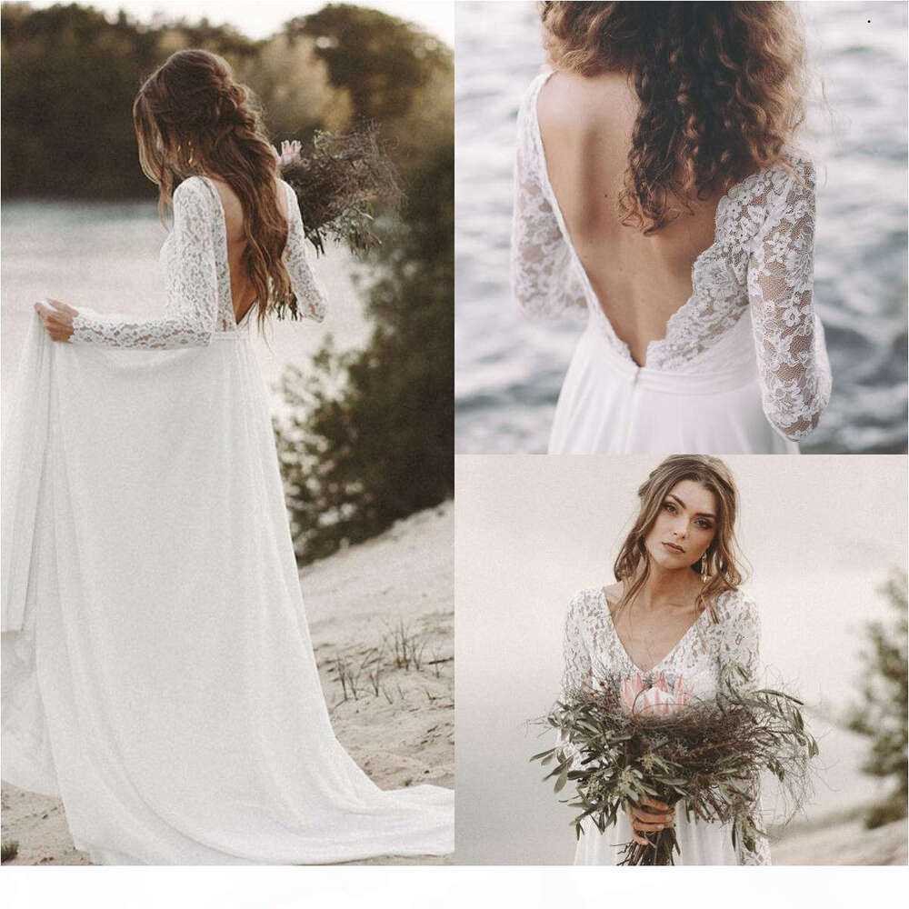 Simple Beach Dresses Long Sleeves Lace V Neck Backless Scalloped Chiffon Sweep Train Country Wedding Gown Vestido De Novia Estido