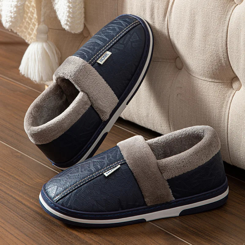 Large size 50-51 mens slippers winter PU leather warm indoor waterproof household fur apartment coupler sliding bedroom anti slip shoes 240903