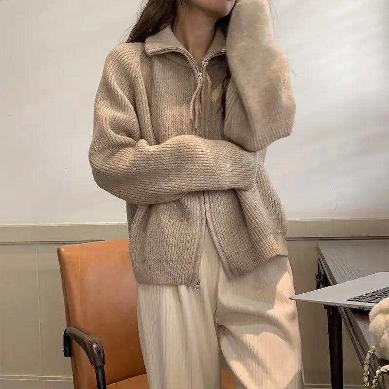 Knitted cardigan sweater female spring and autumn lapel zipper long sleeve solid women foreign outerwear 240904