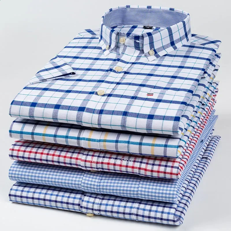 100% coton pur homme oxford à manches courtes cols carrés sheild plaid chemises décontractées d'été rayées