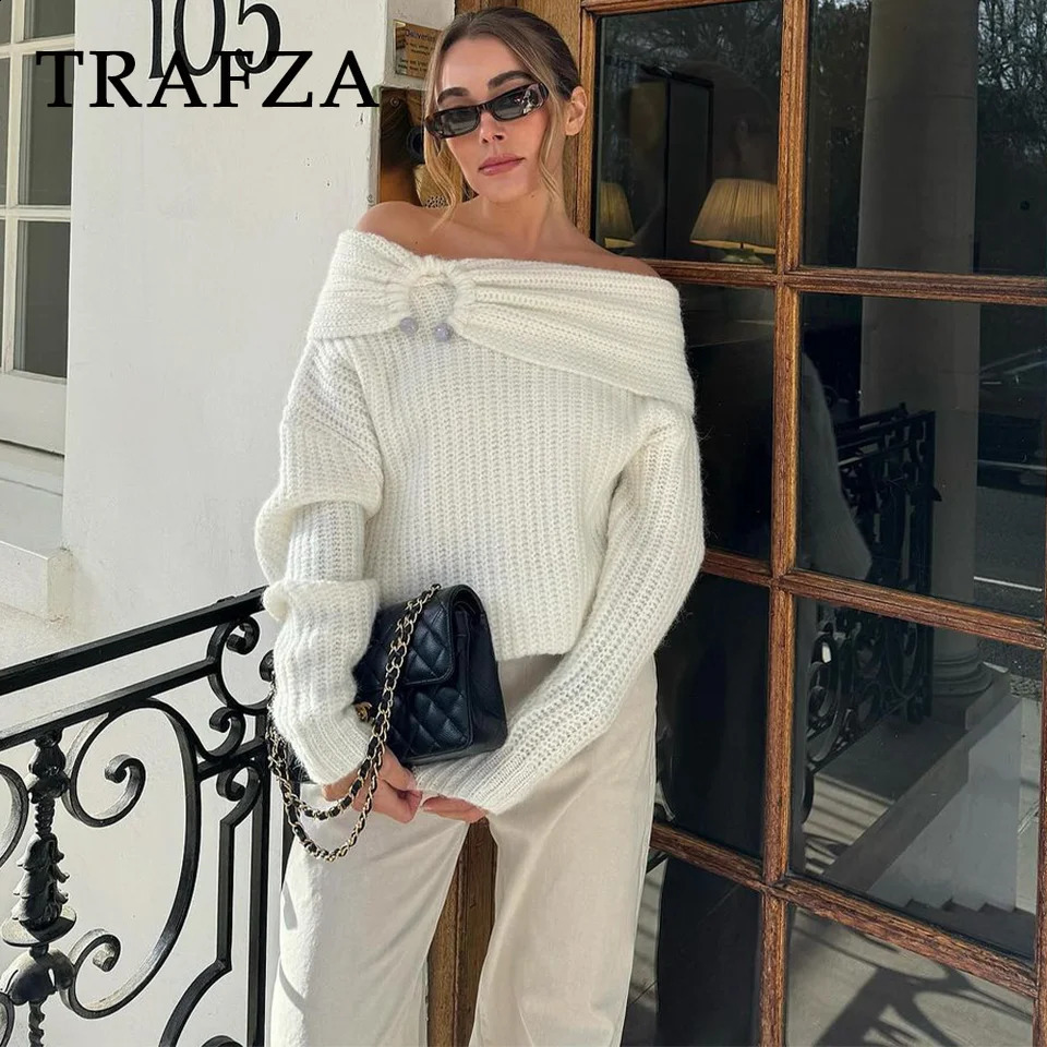 TRAFZA 2024 Printemps/Été Pull Décontracté à Nouer Mode Vêtements de Rue Col Diagonal Solide Ultra fin Tricoté Mode Élégant Pull 240904