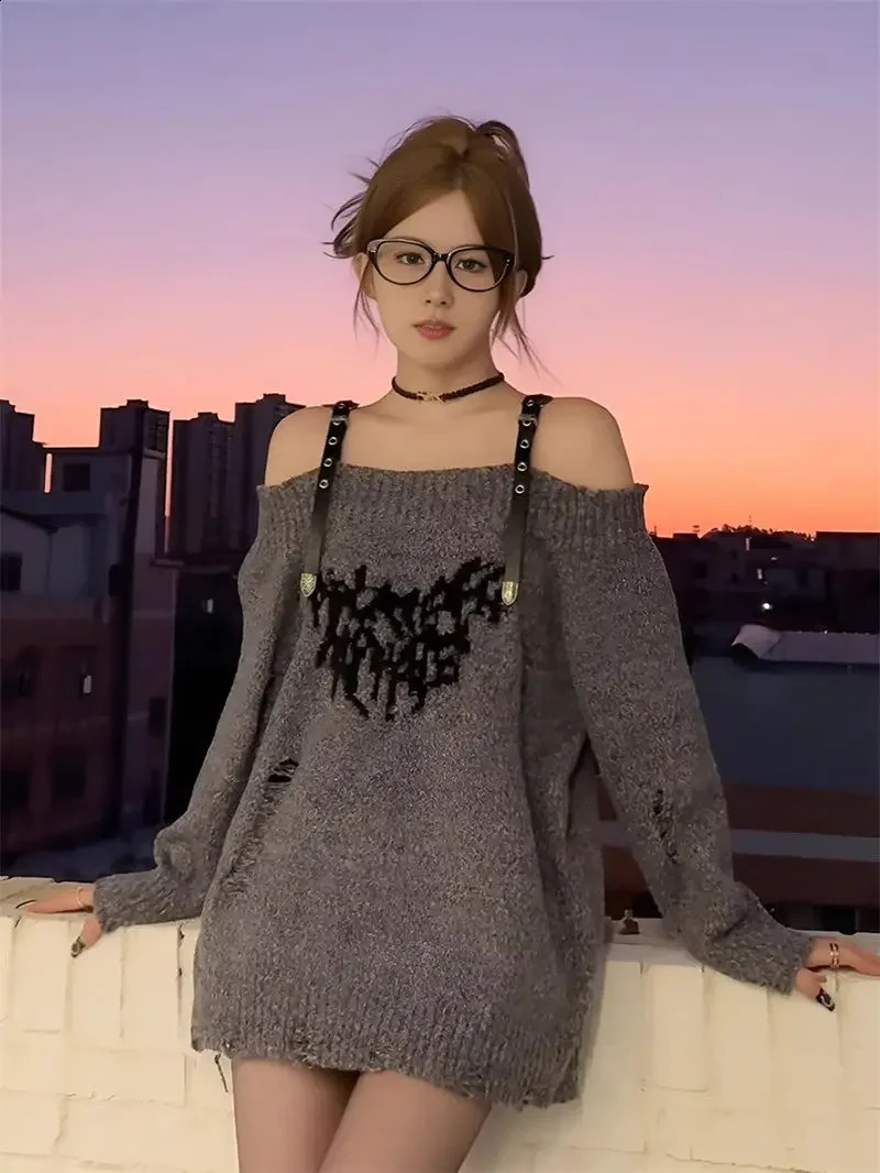 Abandoned rural style womens sweater autumn winter spicy girl single shoulder vest medium long knitted sweater jacket 240904