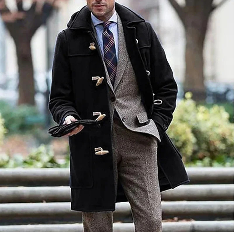 Mens Casual Single-breasted Lapel Solid Color Overcoat in Mid-to-long Style for Autumn and Winter Trendy Coat Jacket S-XXXL 240903