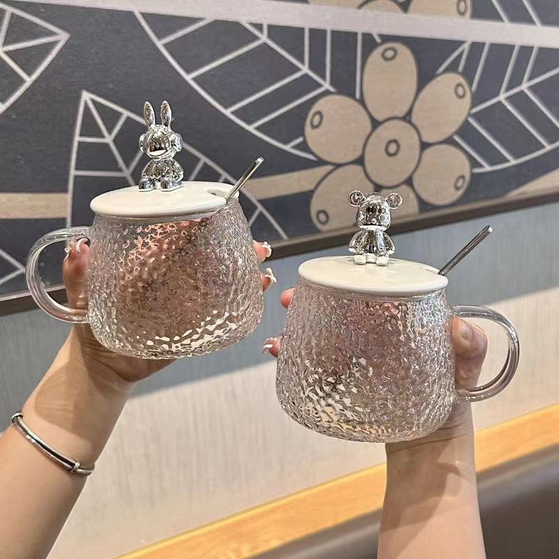 Tasse d'ours avec couvercle tasse d'eau en verre esthétique avec poignée de souvenirs tasse de fleur de fleur tasse de bureau
