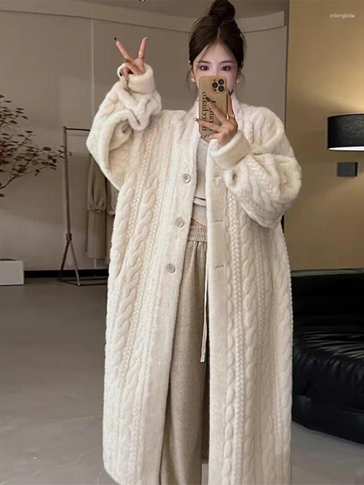 Womens Trench Coats CNLONGBIDA Womens Trench Coats Thicken Knit Loose Coat Women Full Sleeve Single Breasted Fashion Female Cardigan Winter Warm Lon