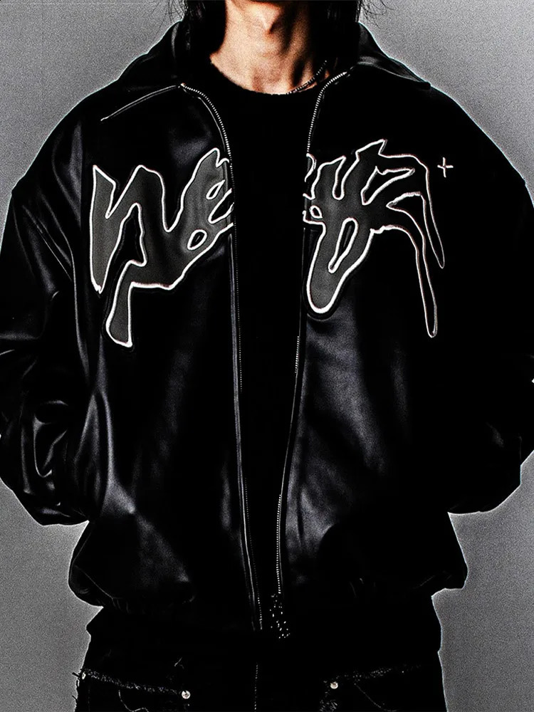 Hip Hop Retro Letter Pattern Leather Jackets For Men Y2k Harajuku Fashion Pu Bomber Jacket American Long Sleeve Zipper Coat 240902