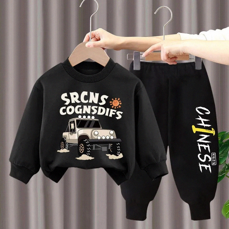 Boys' autumn fashion set two pieces Round Neck children girls Car Printed babies spring sports hoodies pants 02fj#-image-1017210564