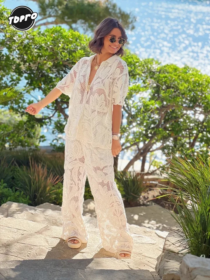 Womens crochet hollow collar single chest top set fashionable solid printed wide leg pants set commuting vacation set 240903