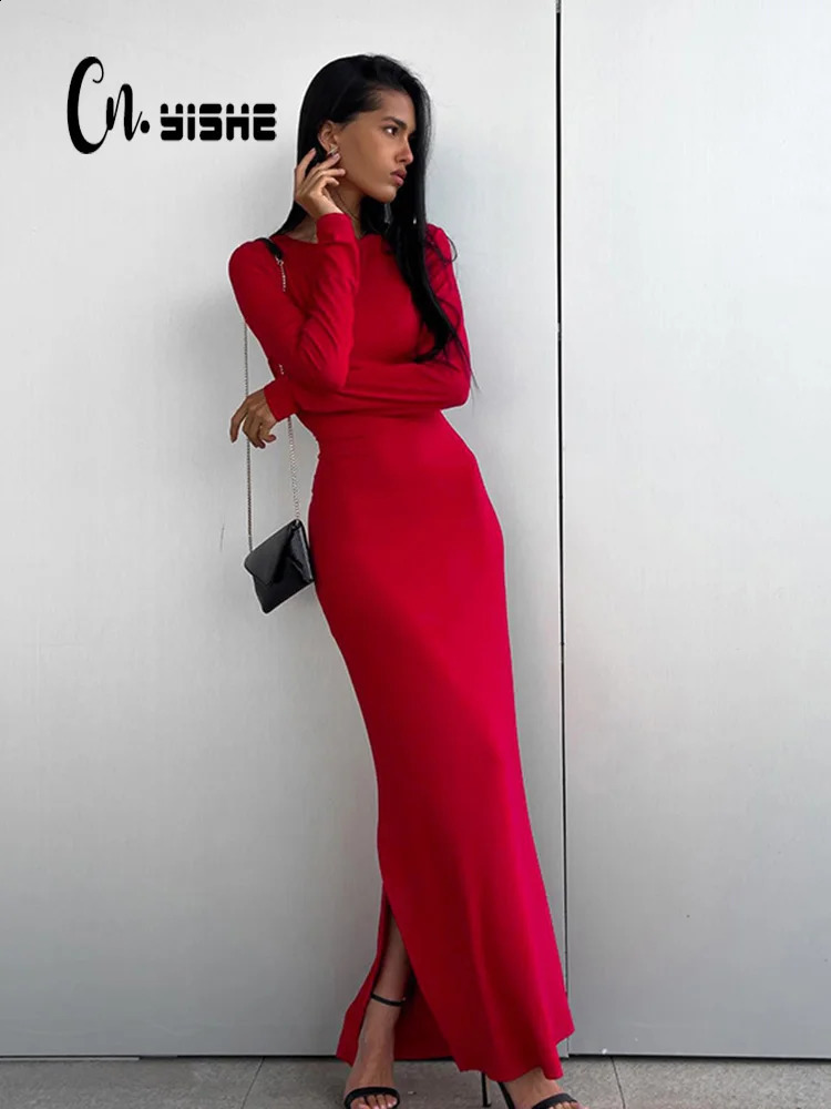 CNYISH elegant split solid body jacket sexy club womens dress O-neck long sleeved ultra-thin dress fashionable womens vest robe 240904