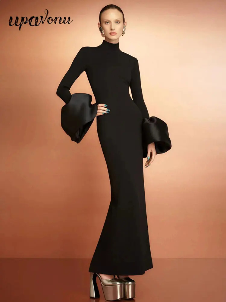 2024 Elegant Womens Black MAXI Robe Stand Col Collier Slerses Bandage Bandage Long Robe Cocktail Robe de soirée 240904
