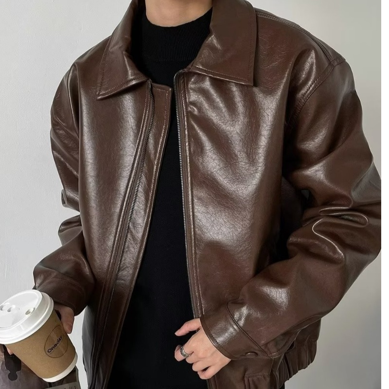 Retro Short PU Leather Jacket Mens Brown Japanese Hip-hop Bomber Coats Motorcycle Punk Trend Windbreaker Y2K Streetwear 240902
