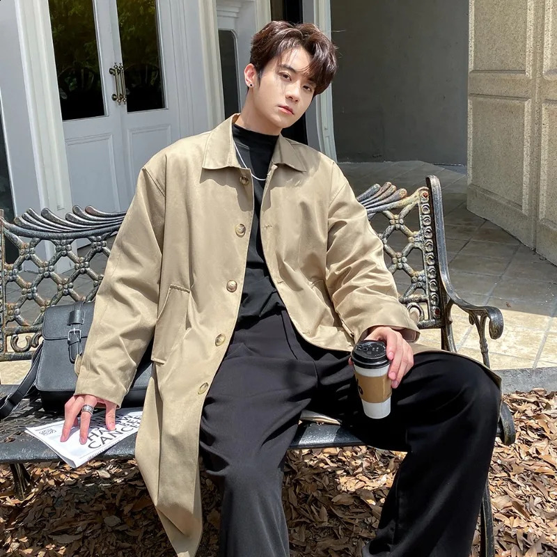 Autumn and Winter Trend Mens Long Solid Color Turn-down Collar Trench Fashion Casual Loose Mens Coat 240903