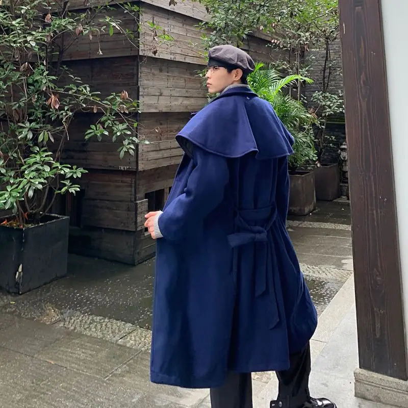 Autumn Winter Cloak Woolen Coat Mens High Street Loose Knee-length Long Sleeves Solid Color Double-breasted Windbreaker Jacket 240903