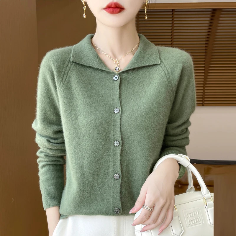 Womens cardigan wool sweater autumn and winter 100% Merino long sleeved cashmere polo neck solid color comfortable top 240905