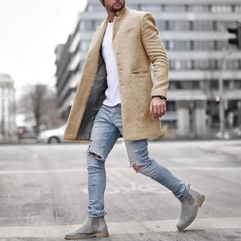 Wool Overcoat Elegant Mens Woolen Coat With Lapel Side Pockets Stylish Mid-length Overcoat For Winter Single Breasted Solid 240903