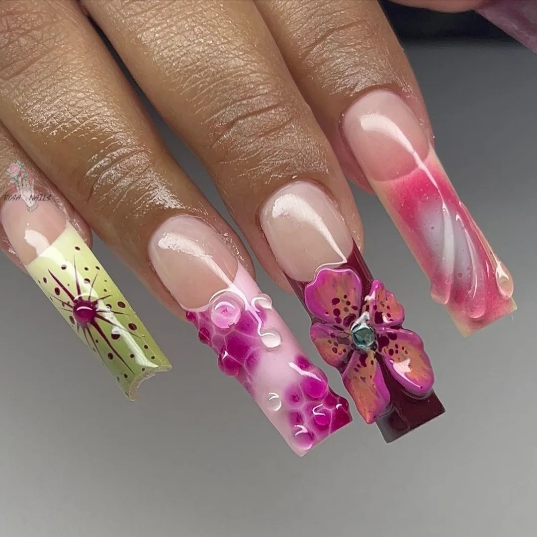 Hibiscus Orchid Nails 3D Sculpted s Handmade Press on Nail Acrylic Summer Hand Painted Air Brush Long Square French Tips 240902 M260805