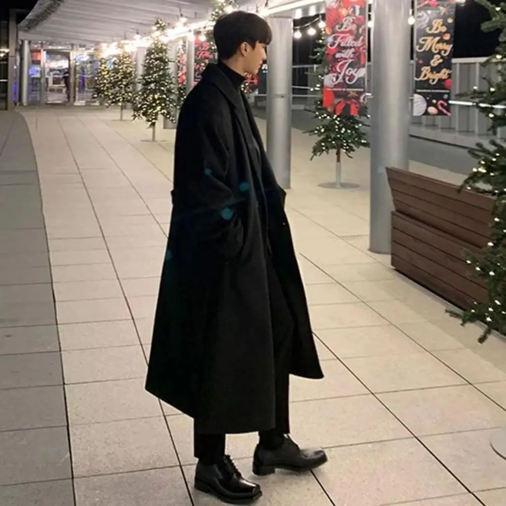 Windproof Woolen Coat Mens Long Woolen Coat with Lapel Pockets Solid Color Windbreaker Outwear for Winter Stylish Mid-length 240903