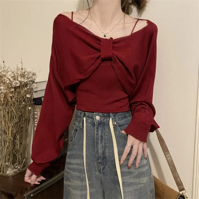 Autumn Winter Casual Sexy Sweet Floral Womens Loose Gentle Retro Warm Bow Top Sweater Single Shoulder Camisol 240904