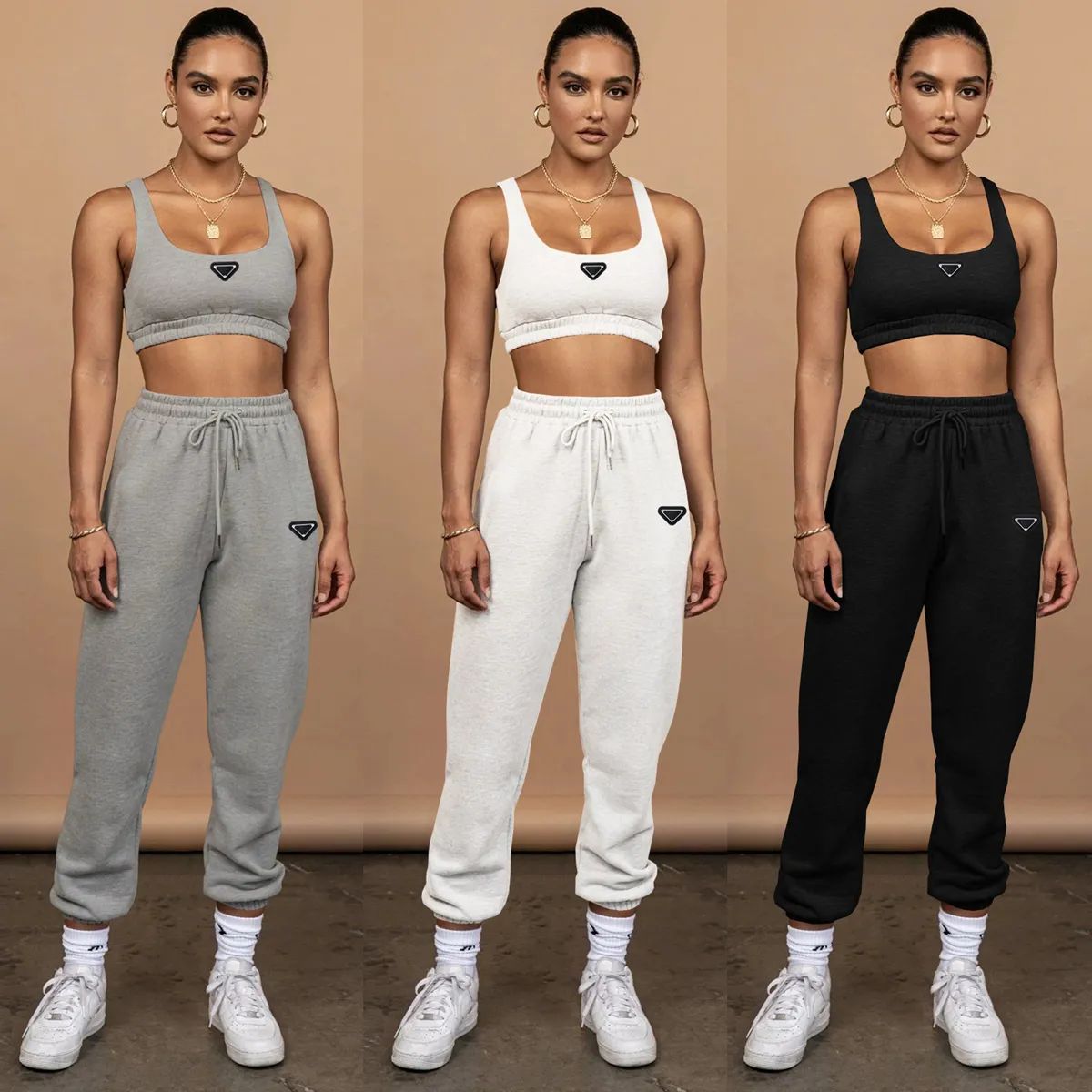 Women Designer Activewear Triangle Active Tracksuits Navel-baring Tank Top Tie-up Trousers Two-piece Sport Fitness Running Suit Jogging Clothes V-image-867027747