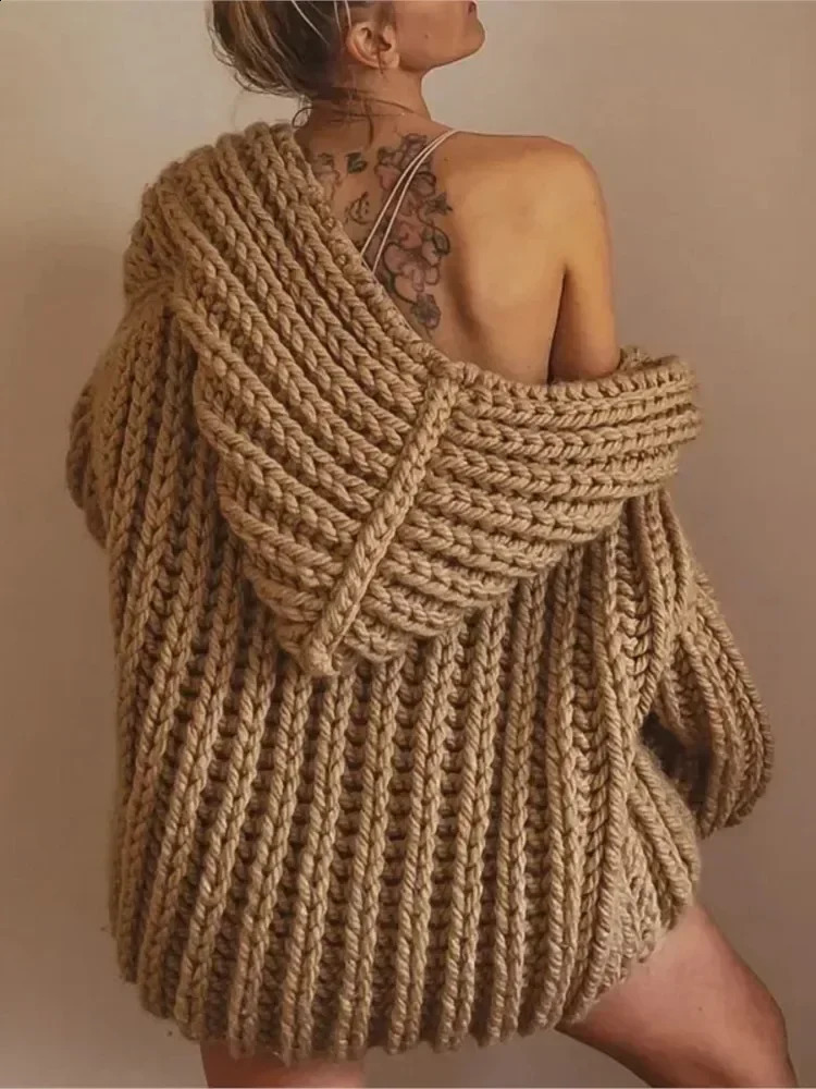 Womens elegant solid hooded loose knitted cardigan fashionable and elegant sleeveless vest autumn office womens commuting streetwear 240904