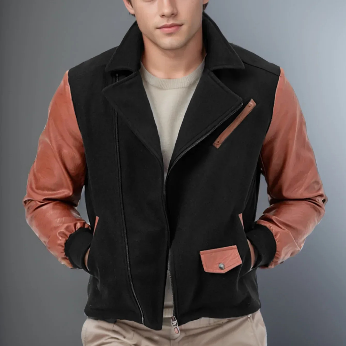 Mens Spring and Autumn Color-blocked Zipper Jacket Korean Style Trendy PU Leather Fashionable and Personalized Jacket 240903