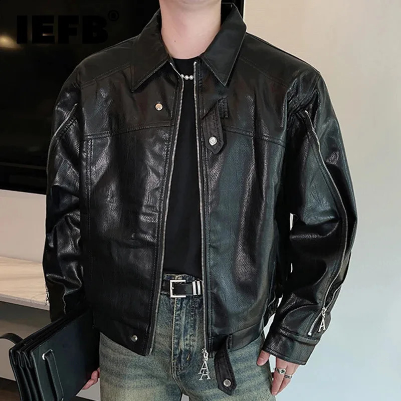 IEFB Korean Style Mens Jackets PU Leather Zippers Patchwork Turn-down Collar Streetwear Solid Color Male Coats 9C7113 240903