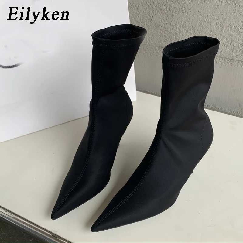 High Quality Eilyken new spring autumn striped fabric collar boots sexy Pointed Toe High Fi Fem socks pump shoes T241113