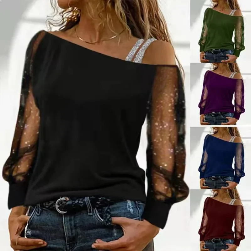 Womens S-5XL Size Diagonal Collar Mesh Shoulder Down Long Sleeve T-shirt with Fashionable Single Line Collar as Base 240904