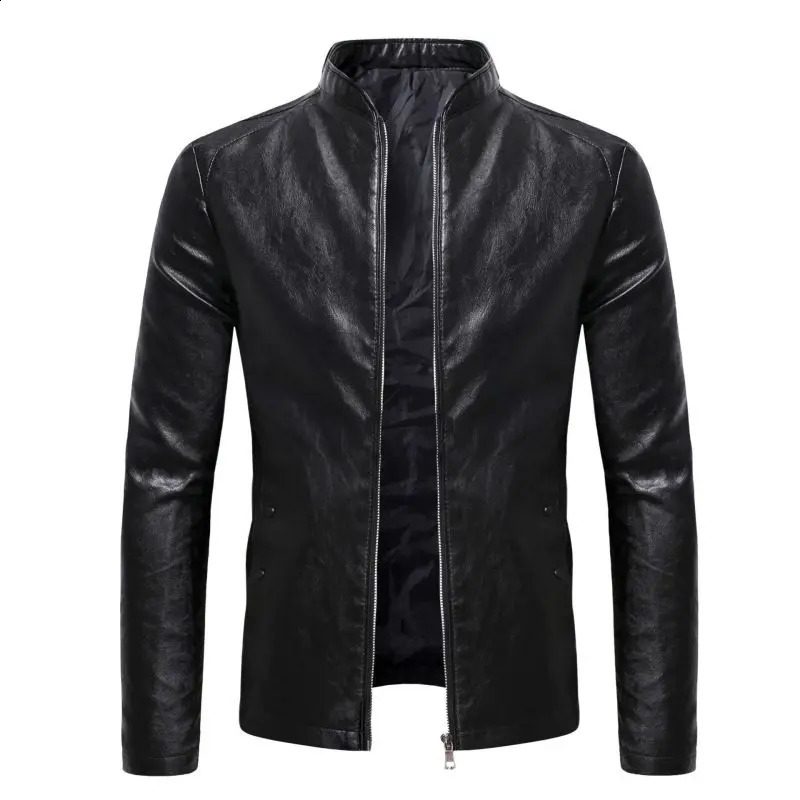 Autumn/Winter Mens Fashion Versatile Motorcycle Slim Fit Youth Standing Collar Business Casual Leather Coat Jacket 240903
