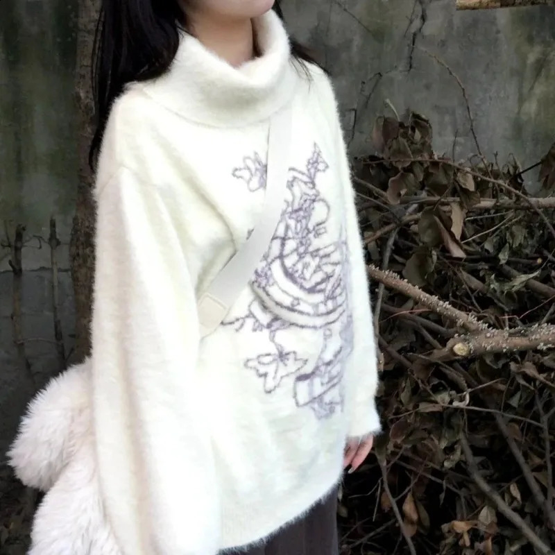 Deeptown white Harajuku turtle neck sweater womens oversized Korean retro comfortable shirt cute casual Gothic zipper autumn 240904
