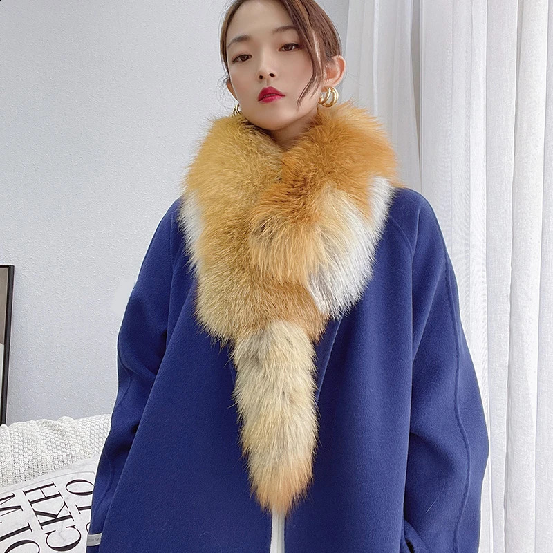 Winter Natural Silver Fox Fur Scarf Collar Womens Warm Red Fox Scarf Large Size Full Leather Shawl Decorative Muffler 240906