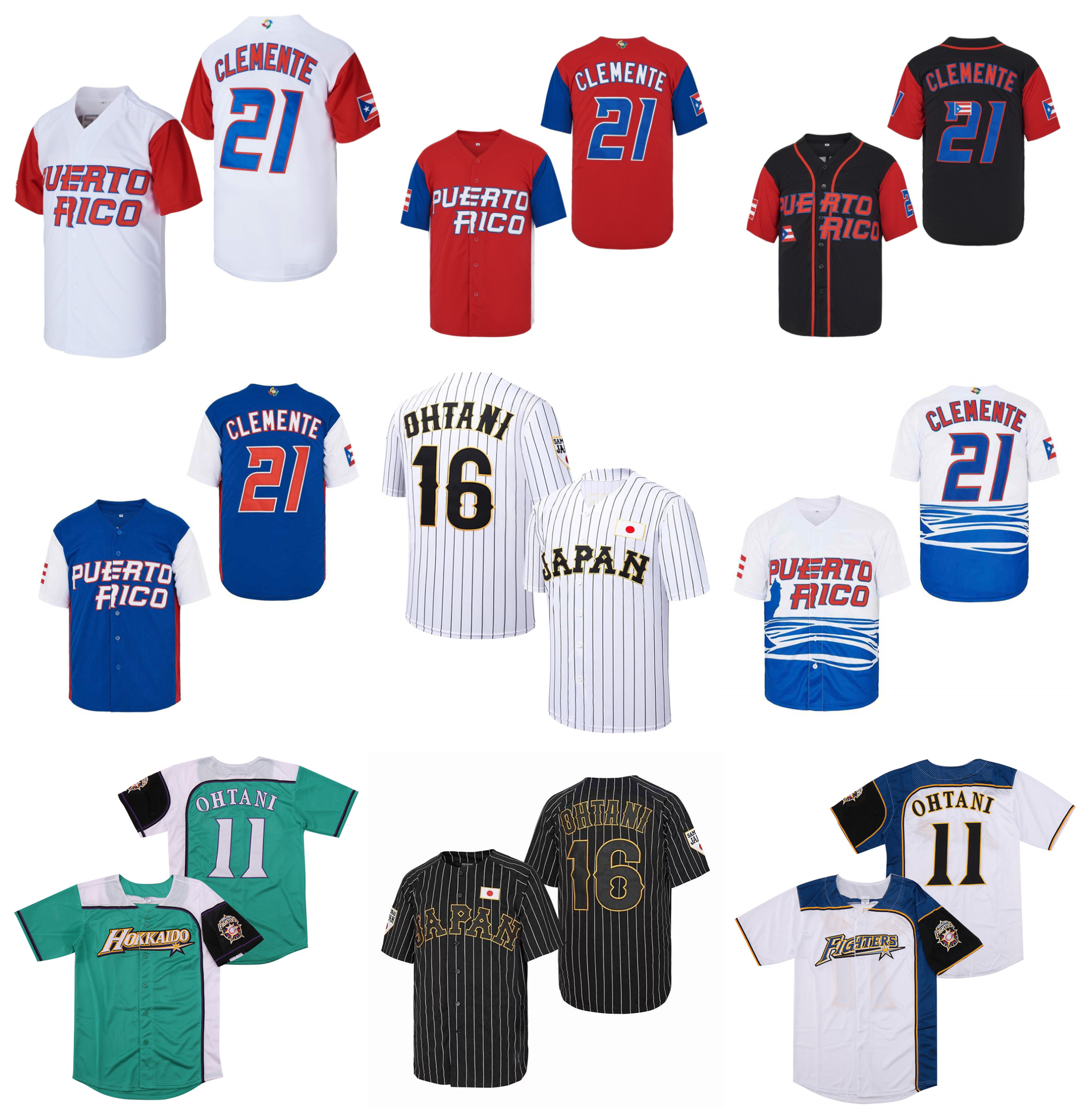 Roberto Clemente Japan Shohei Ohtani World Game Classic Baseball Jersey Mens Puerto Rico 21 Polos Samurai Hokkaido Nippon Ham Fighters Blue Black Wh