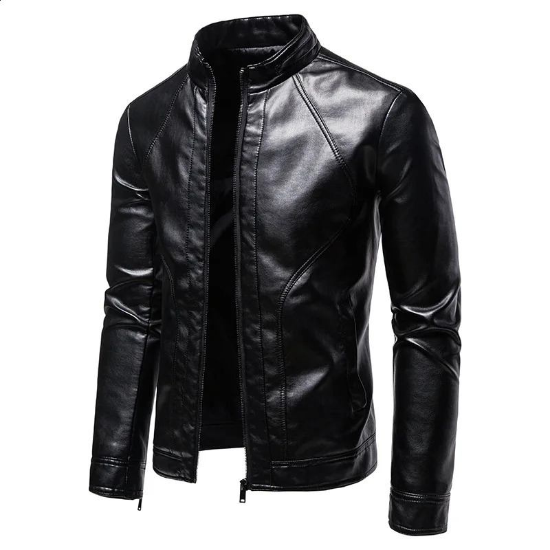 Spring Autumn Mens Motorcycle Leather Jacket Fashion Slim Fit Stand Collar Black Solid Color Windproof Drive Coat Biker Jackets 240903