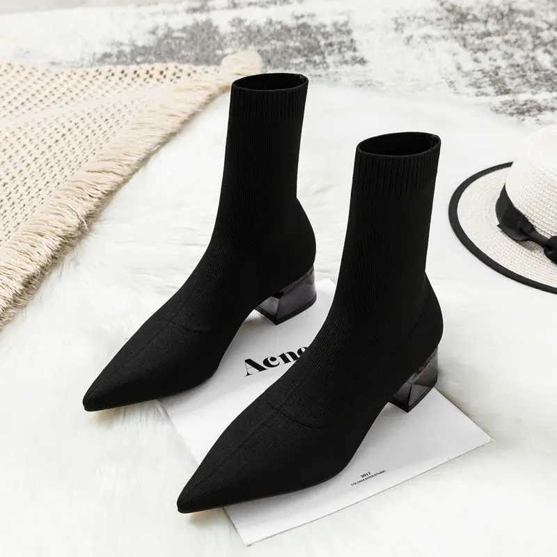 Robe cemore wens de haute qualité pointu mi-talon Boots de cheville courte FEM Blocs tricotés à talon bas talon haut bottes T241113