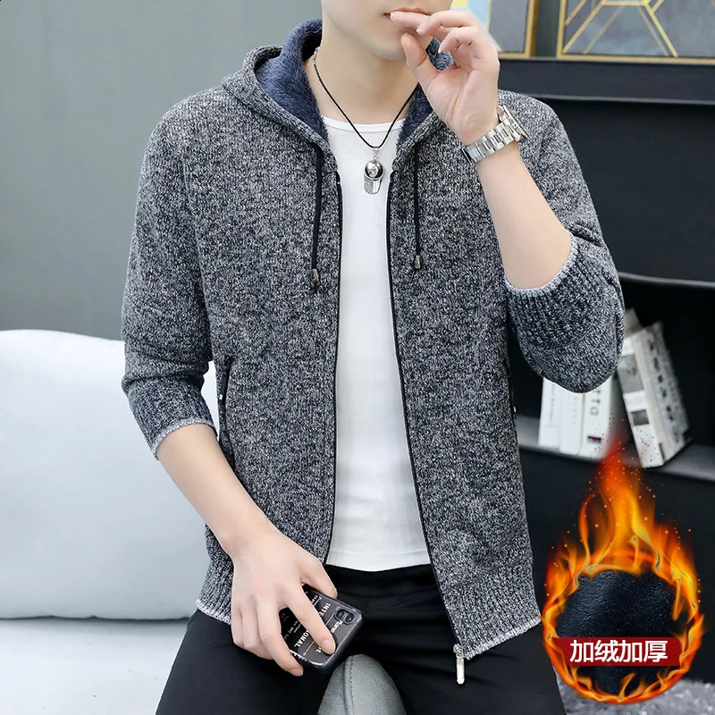 Mens hooded sweater knitted sweater winter thick wool warm casual knitted jacket solid color mens hooded sweater 240904