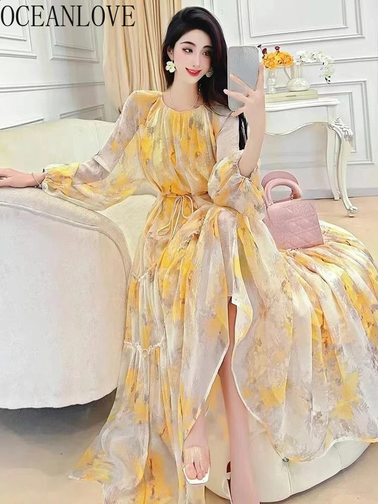 Oceanlove Beach Style Vestidos Mujer printemps d'été Imprimé floral Aline Vintage Femmes Robes Fashion coréenne Élégante robe longue 240906