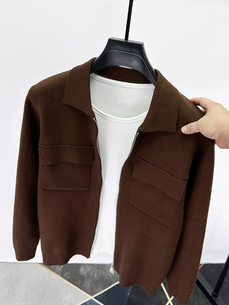 Double zipper highend square neck cardigan sweater mens coat autumn and winter Korean version wool warm knit 240905